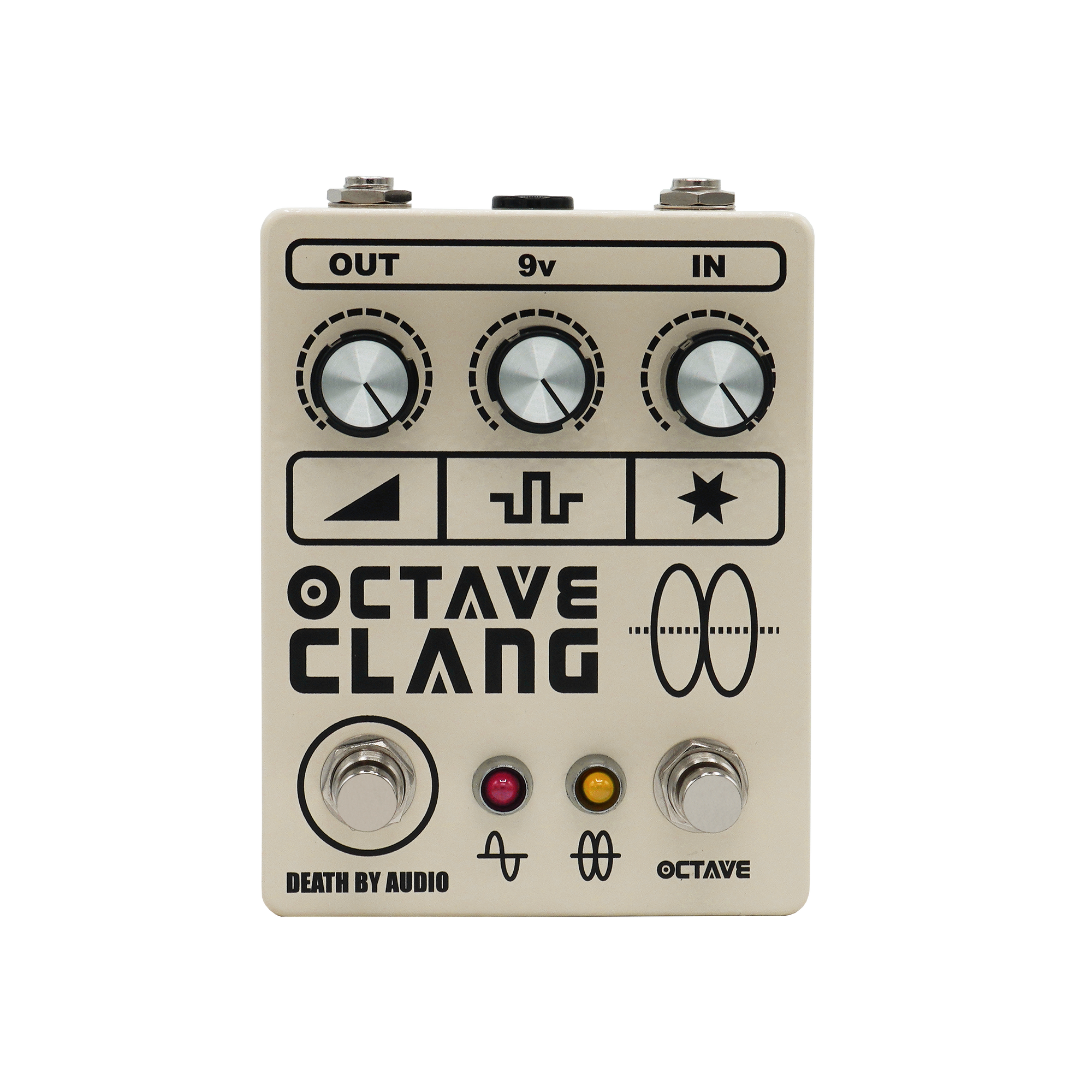 Front view of the octave clang pedal. Custom graphics or each control. Three control knobs and two stomp switches red and yellow LEDs