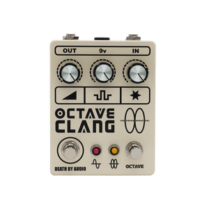 Front view of the octave clang pedal. Custom graphics or each control. Three control knobs and two stomp switches red and yellow LEDs