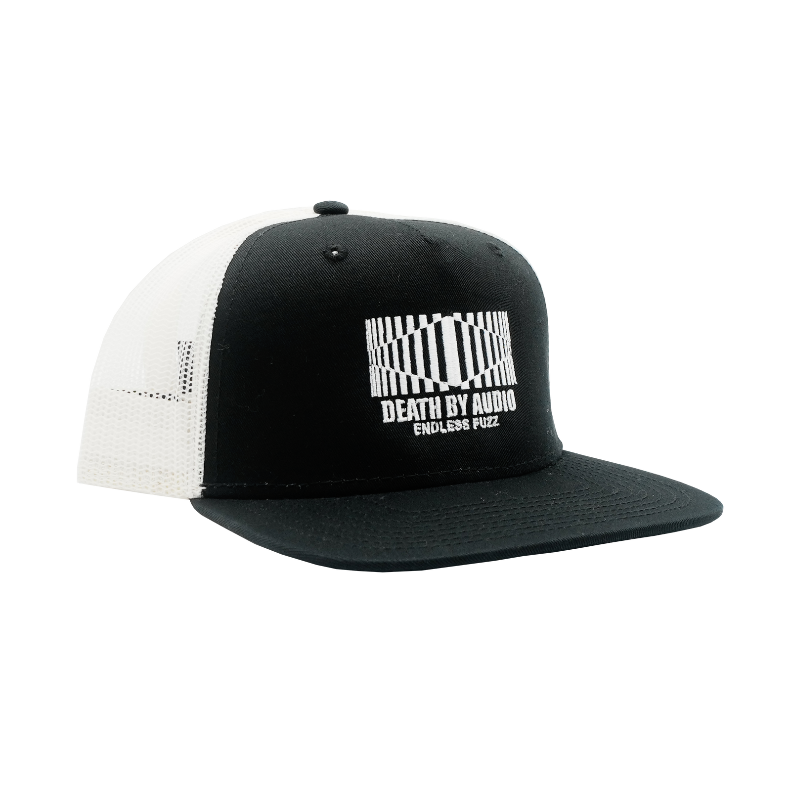 side image of black hat with white mesh back and white embroidered symbol and death by audio endless fuzz text