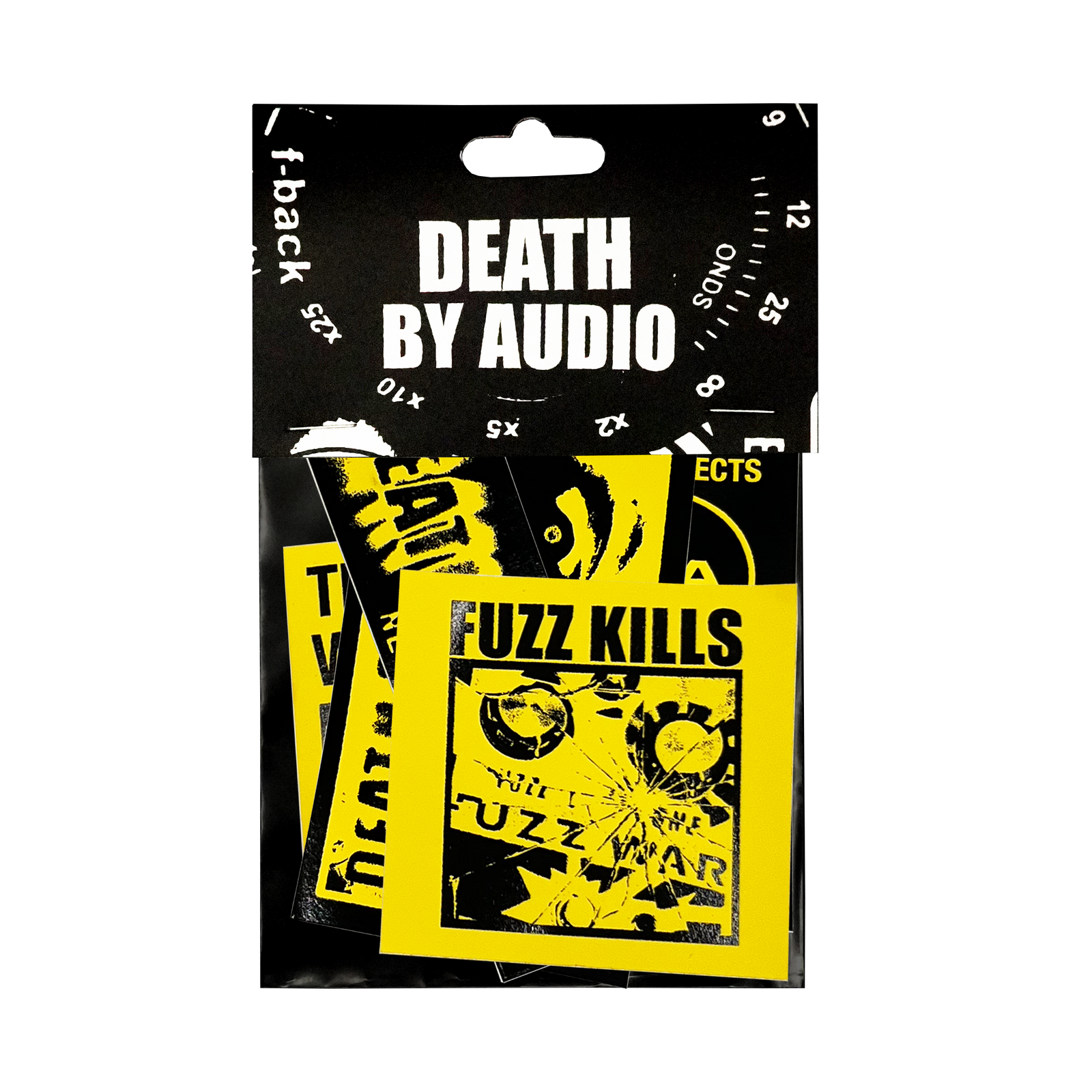 Five 'Death by Audio' and 'Fuzz War' stickers in black and yellow colorway. Best pedals in town!