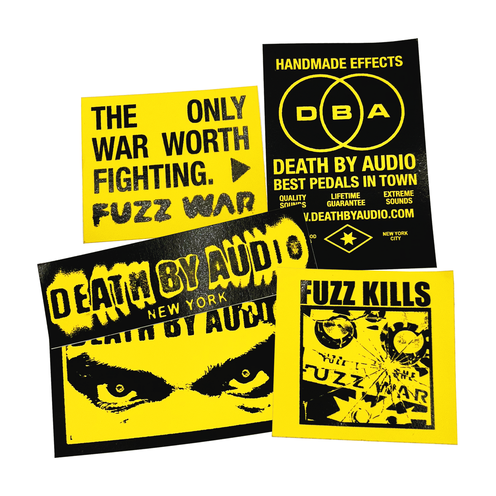 Five 'Death by Audio' and 'Fuzz War' stickers in black and yellow colorway. Best pedals in town!