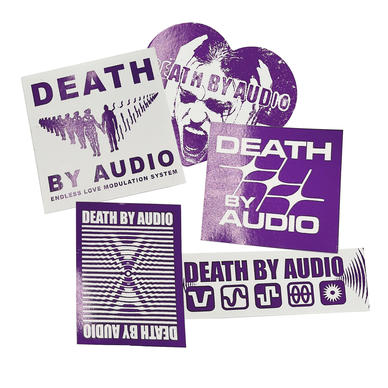 Collection of 'Death by Audio' branded stickers in a royal purple and white coloway. Five unique stickers per pack. Vinyl and durable.