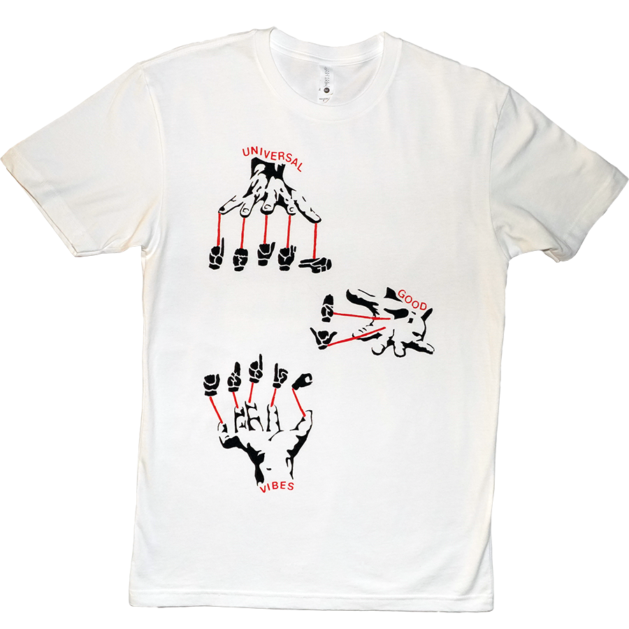 A straight-on shot of white t-shirt with Death By Audio in sign language and Universal Good Vibes text.
