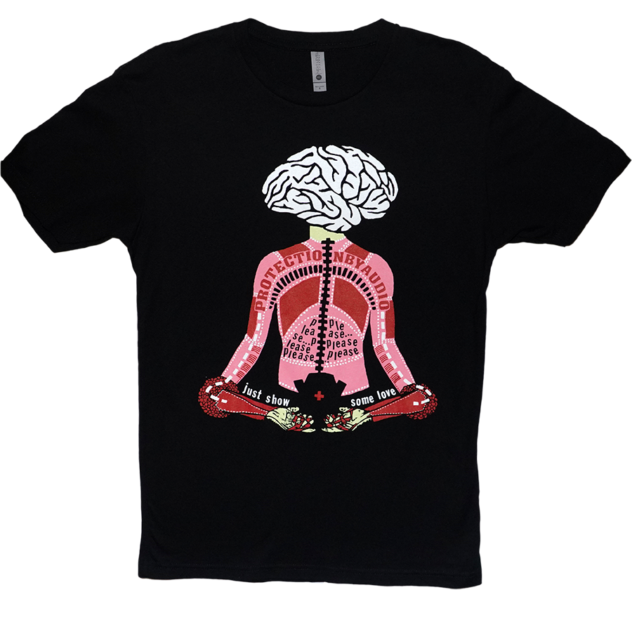 Death By Audio Protection By Audio black t-shirt. Multi-color silkscreen featuring mediating brain and body. Text states Protection By Audio and Please Just Show Some Love.